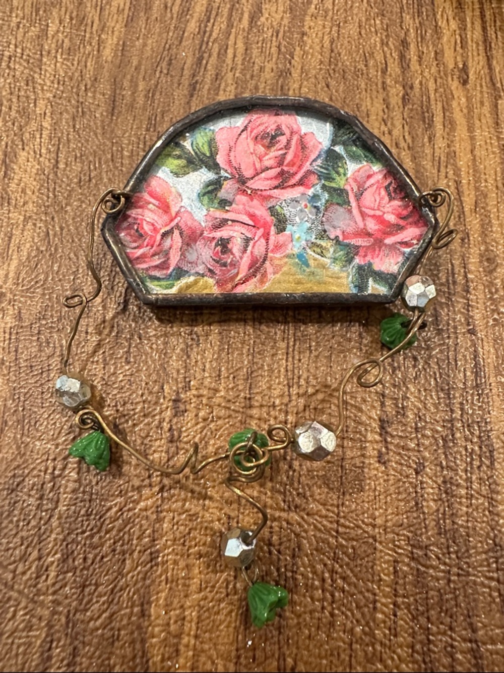 Made by Silver Pink Rose Floral Brooch with Green and Gold Accents